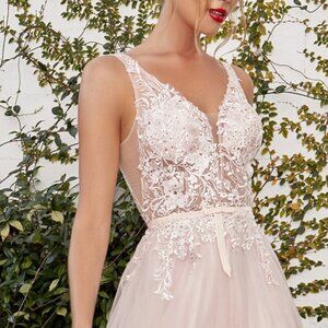 NUDE/BLUSH PROM PARTY EVENING A-LINE LONG MAXI SADE LACE TULLE GOWN AL1045